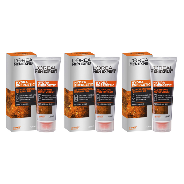 3x LOreal Men Expert Hydra Energetic All in One Moisturiser for Normal Skin 75mL