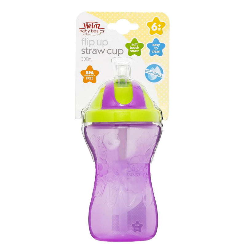 3pk Heinz Baby Basics Flip Up Straw Cup 300mL Blue Pink Purple - Baby Bottles