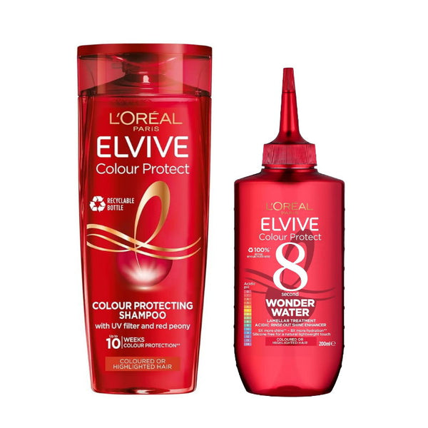 L'Oreal Elvive Colour Protect shampoo and wonder water on a white background