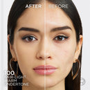 Before and after comparison of a woman's face with 100 Fair-Light Warm Undertone makeup. Makeup Warehouse
