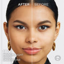 Before and after makeup comparison on a woman's face with '180 Medium-Light Cool Undertone' text.