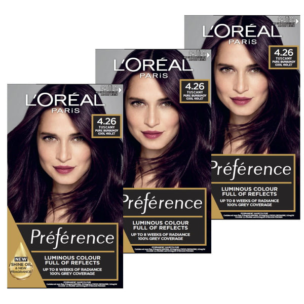 3x L'Oreal Paris Preference Permanent Hair Colour 4.26 Tuscany Pure Burgandy Cool Violet