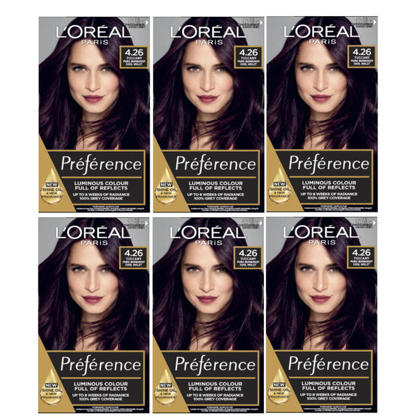 6x L'Oreal Paris Preference Permanent Hair Colour 4.26 Tuscany Pure Burgandy Cool Violet
