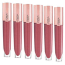 Set of six L'Oreal Paris lipsticks with pink shades on a white background