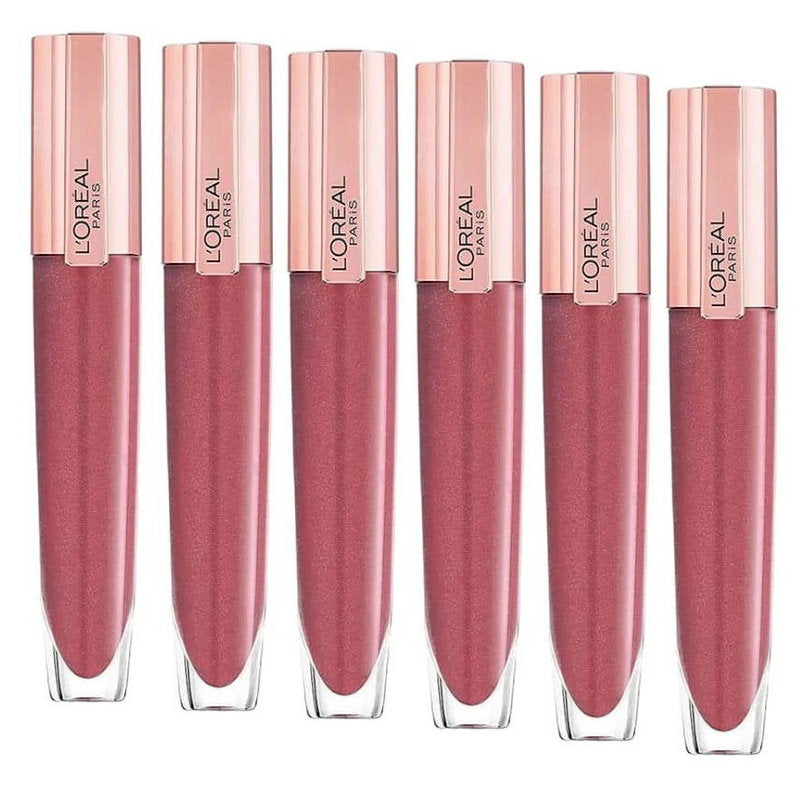 Set of six L'Oreal Paris lipsticks with pink shades on a white background