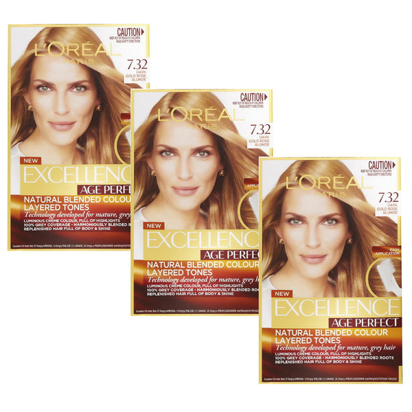 3x L'Oreal Paris Excellence Age Perfect Hair Colour 7.32 Dark Gold Rose Blonde