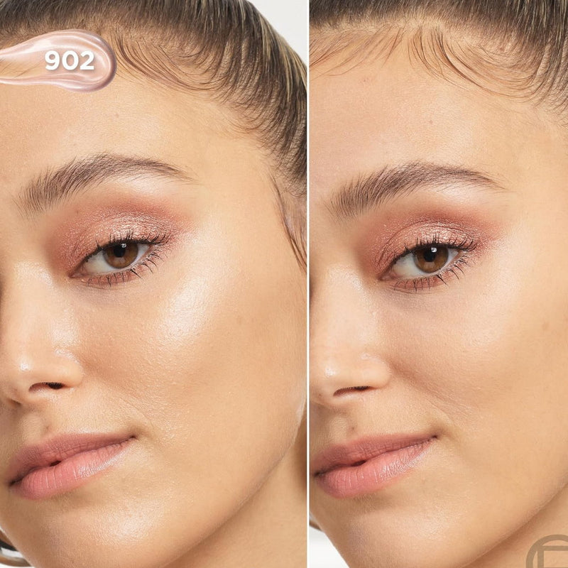 Close-up of a woman's face with makeup application on a beige background