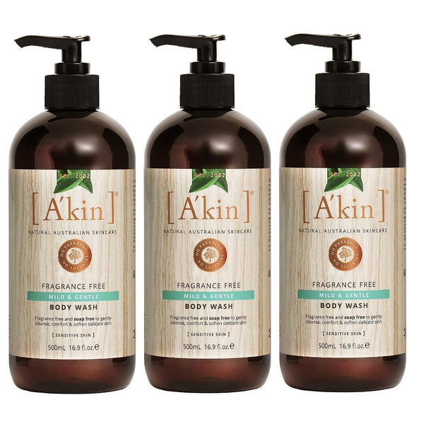 3x Akin Fragrance Free Mild and Gentle Body and Hand Wash 500ml