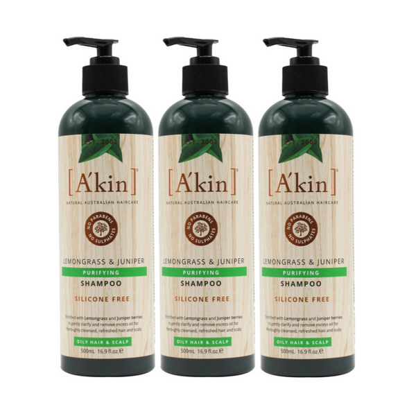 3x Akin Purifying Shampoo Lemongrass and Juniper 500ml