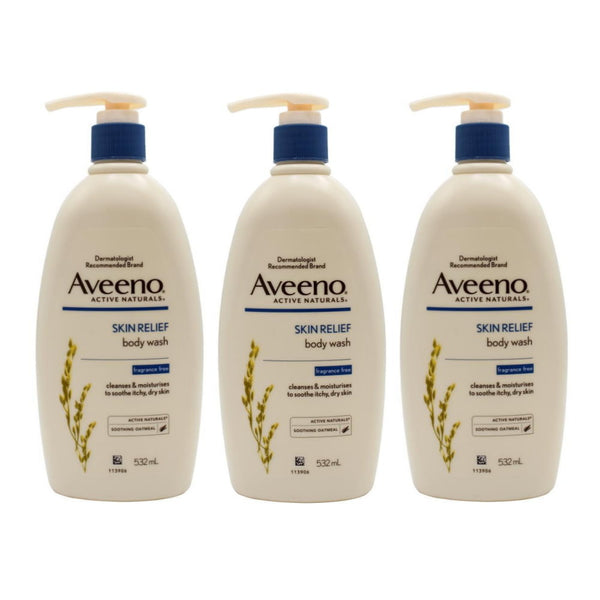 3x Aveeno Skin Relief Body Wash Fragrance Free 532ml