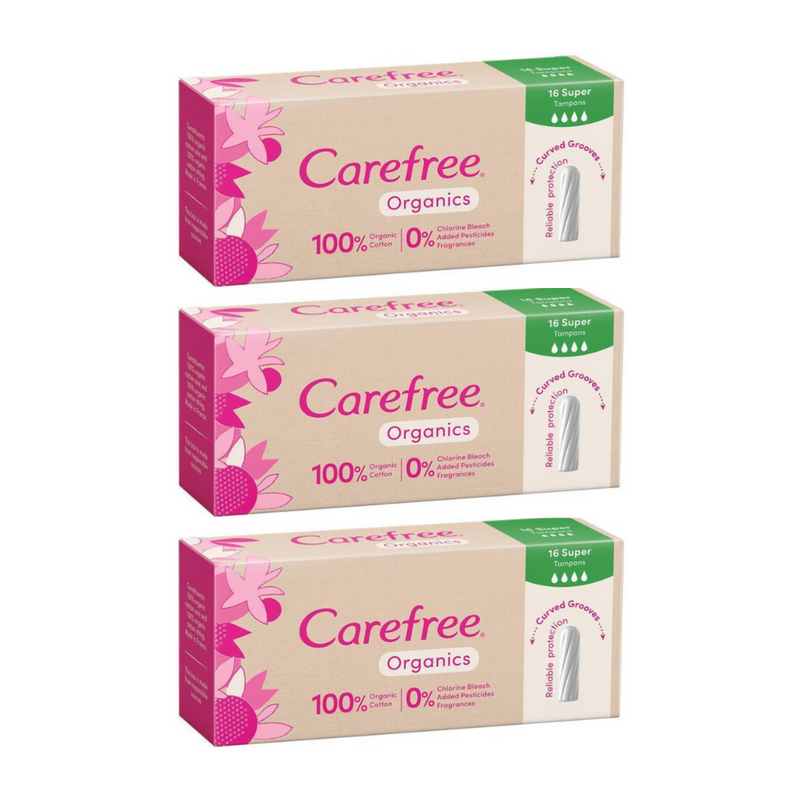3x Carefree Organic Tampon Super 16pk