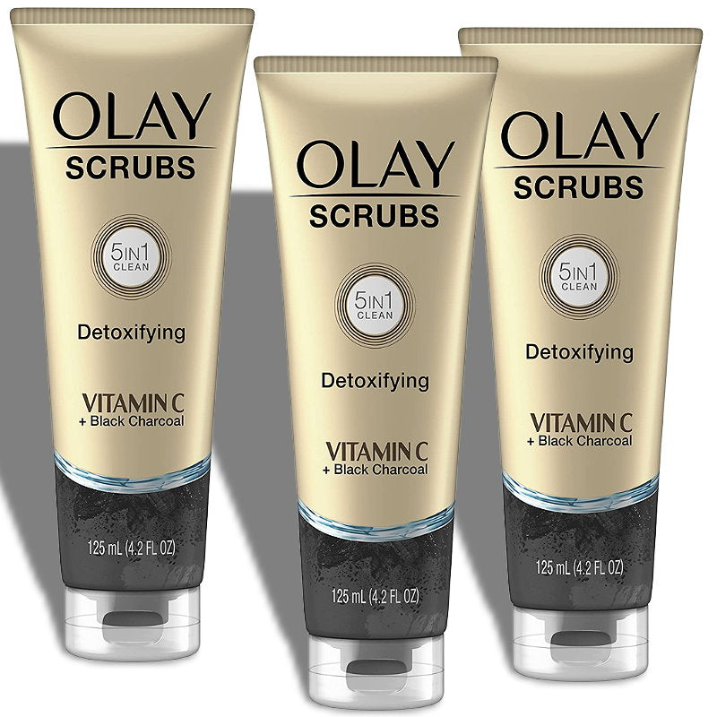 Buy Online 3pk Olay Scrubs 5 in 1 Clean Detoxifying Vitamin C Black Charcoal 125ml - Makeup Warehouse Australia