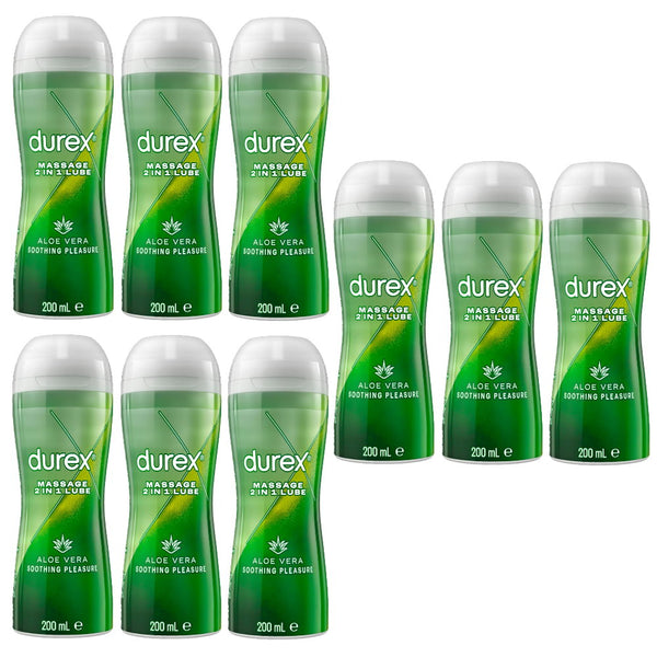 Multiple bottles of Durex Massage 2-in-1 Lubricant on a white background