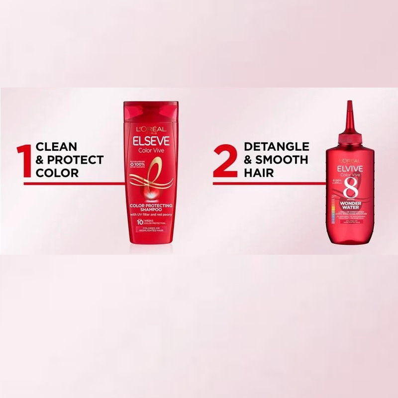 L'Oreal Elvive hair care products on a light pink background