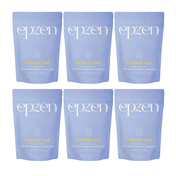 6x Epzen Recharge Soak Reset & Rejuvenate 100% Natural Magnesium Bath Flakes 500g