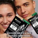 Garnier AHA + BHA Charcoal Mattifying Serum Sheet Mask Oily Skin - Two models holding Garnier Skinactive charcoal sheet masks against a close-up background of their faces. The products shown are Matte+ BHA + Charcoal Mating Sheet Mask and Caffeine + Charcoal Reviving Sheet Mask.