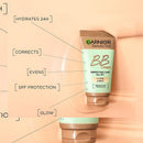 Garnier SkinActive BB Cream Classic Light tube centered on a peach-toned background with callout lines highlighting benefits such as hydrates 24h, corrects, evens, SPF protection, and glow.