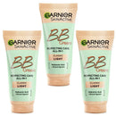 Three tubes of Garnier SkinActive BB Cream Classic Light shown on a plain white background, with one tube centered and two tubes flanking it. Garnier BB Cream All In One Perfector Classic Light SPF 15 