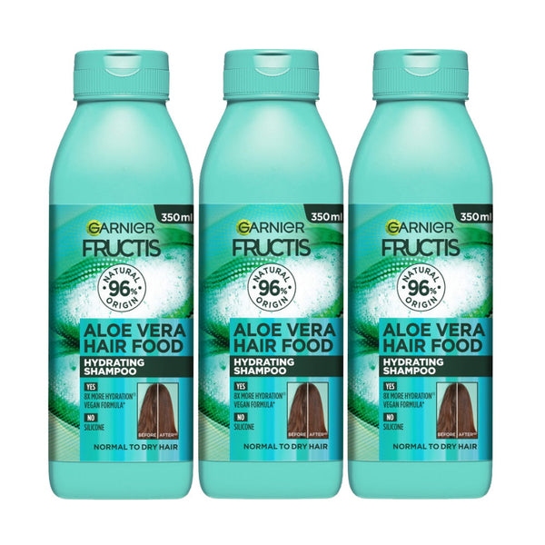 3x Garnier Fructis Hair Food Hydrating Aloe Vera Shampoo For Normal to Dry Hair 350ml