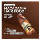 A bottle of NutraFacts Macadamia Hair Food Shampoo shown on a dark brown promotional background with large white text describing smoothing, frizzy dry hair benefits, and product claims.