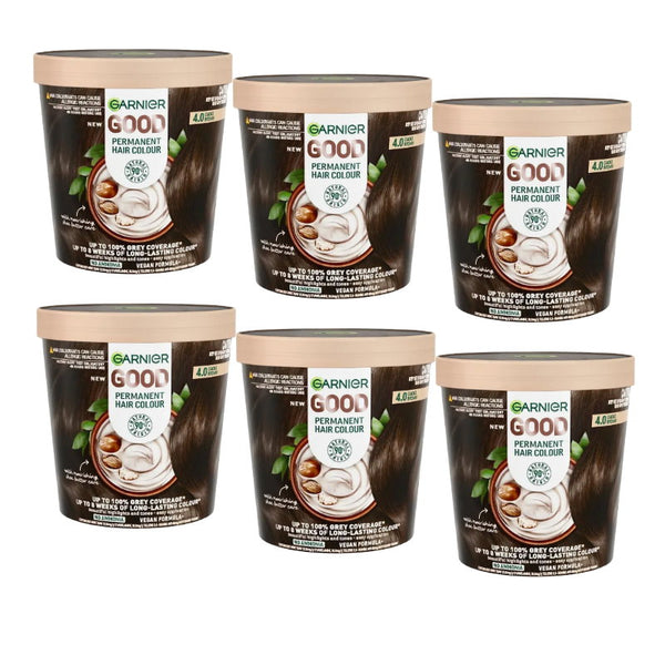Six containers of Garnier Good Permanent Hair Colour on a white background