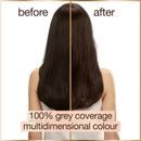 Before and after comparison of hair color treatment with '100% grey coverage multidimensional colour' text.