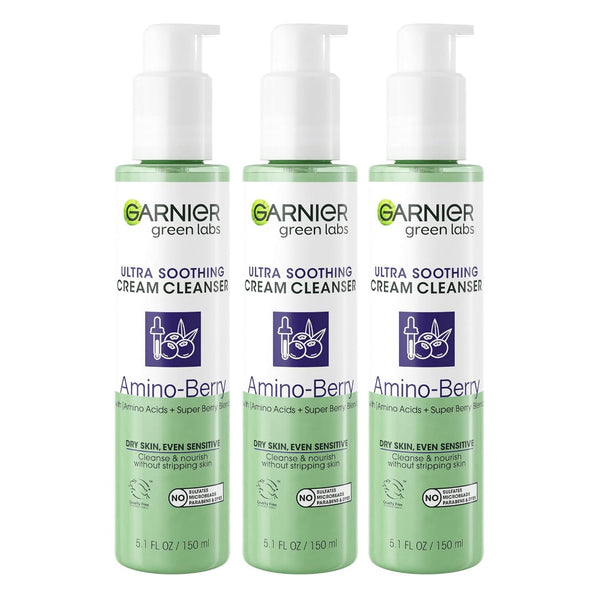 3x Garnier Green Labs Ultra Soothing Cream Cleanser Amino Berry 150ml