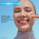 Woman applying skincare product with text about proven efficacy on a blue background