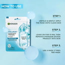 Garnier Hyaluron Barrier Repair Serum Mask package shown on a light blue background with usage instructions. The package contains a transparent bottle of infused serum, and the right side lists three steps in black text. Garnier Hyaluron+ Barrier Repair Serum Mask 1 Pack