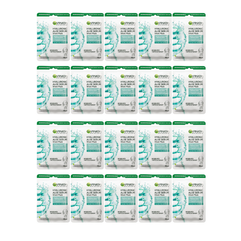 20x Garnier Hydra Bomb Hyaluronic Aloe Vera Serum Sheet Mask 1 x 28g