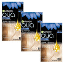 Garnier Olia Hair Colour Max Bleach Blonde Three packages of Garnier Olia Bleach No Ammonia Flower + Bonding Care hair dye shown in a staggered overlapping layout on a white background.