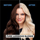 Garnier Olia Hair Colour Max Bleach Blonde Before and after comparison of hair color transformation to pure luminous blonde.