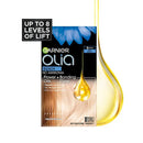 Garnier Olia Bleach No Ammonia hair color box shown on a white background with a large golden oil droplet graphic and text stating 'UP TO 8 LEVELS OF LIFT'.