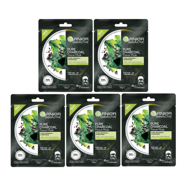 5x Garnier Pure Charcoal Tissue Face Masks 28g