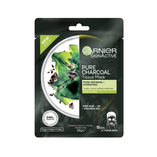 Garnier SkinActive pure charcoal tissue mask packaging on a white background