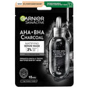 Garnier AHA + BHA Charcoal Mattifying Serum Sheet Mask Oily Skin - Garnier SkinActive AHA+BHA Charcoal Mattifying Serum Mask in a black and white packaging design featuring a graphic of a glass dropper bottle.