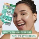Woman holding Garnier Hyaluronic CryoJelly eye patches with text on a light gray background