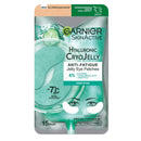 Garnier SkinActive Hyaluronic CryoJelly Anti-Fatigue Jelly Eye Patches in a 15-minute cooling pouch, featuring a mint green and white design with cucumber imagery.