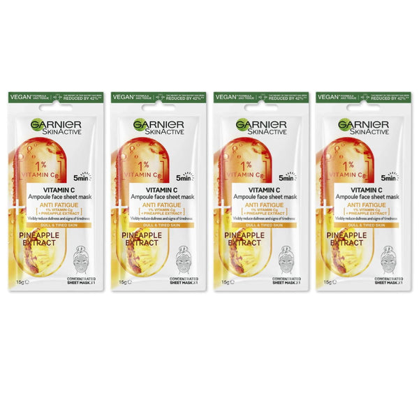 4x Garnier Skin Active Vitamin C Anti Fatigue Ampoule Face Sheet Mask Pineapple Extract 15g