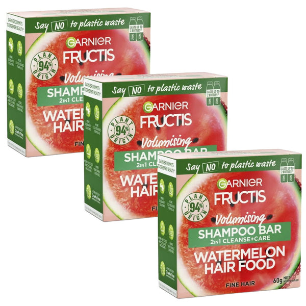 3x Garnier Watermelon Hair Food Volumising Cleanse and Care Shampoo Bar 60g