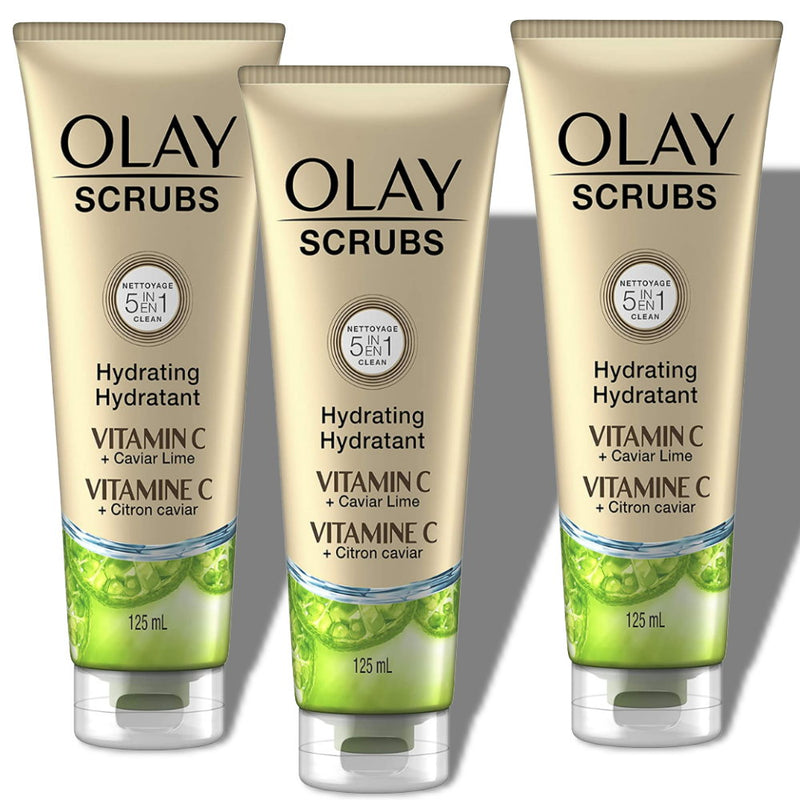 Buy Online 3pk Olay Scrubs 5 in 1 Cleansers Hydrating Vitamin C Caviar Lime 125mL - Makeup Warehouse Australia 