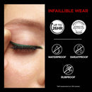 Eyeliner on a person's eyelid with Infaillible Wear product features displayed.
