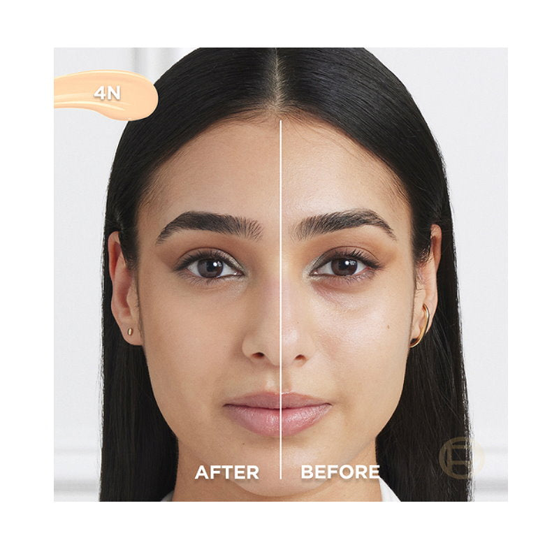 Before and after comparison of a woman's face with a neutral background