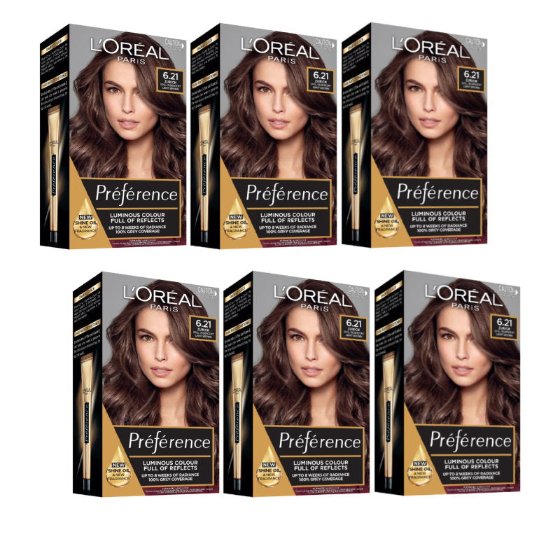 6x L'Oreal Paris Preference Permanent Hair Colour 6.21 Zurich Cool Iridescent Light Brown