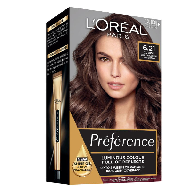 6x L'Oreal Paris Preference Permanent Hair Colour 6.21 Zurich Cool Iridescent Light Brown