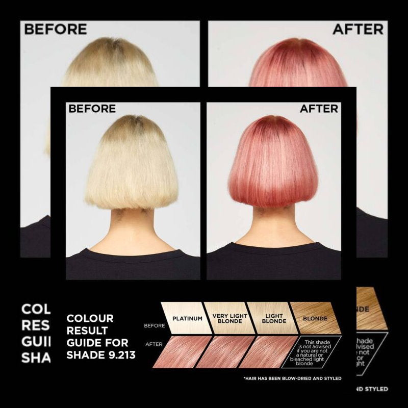 Before and after hair color transformation with a color guide for shade 9.213.