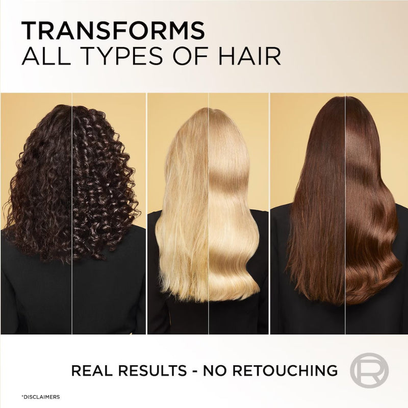 Three hairstyles on a person with text indicating hair transformation capabilities.