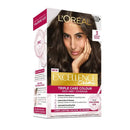 L'Oréal Paris Excellence Creme hair dye box in shade Dahi, showing a model with dark brown hair on the front packaging against a white background.