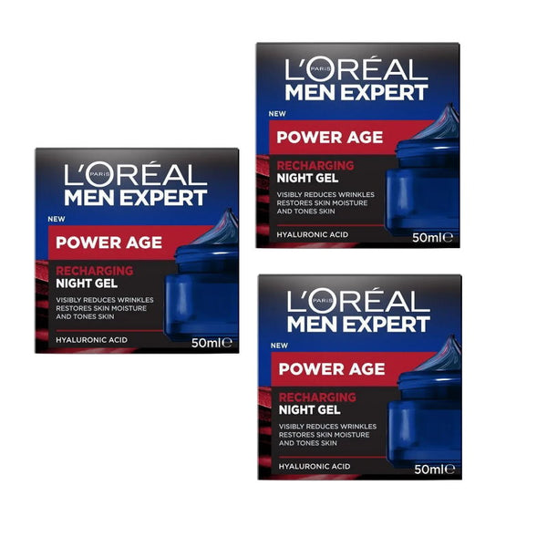 Three boxes of L'Oreal Men Expert Power Age Recharging Night Gel on a white background