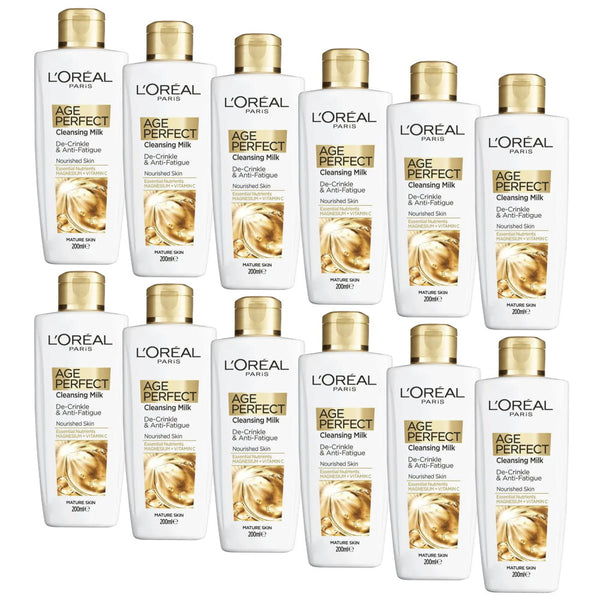 Multiple bottles of L'Oreal Age Perfect Cleansing Milk on a white background